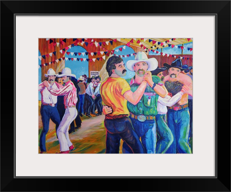 Contemporary painting of men dancing in a barn together at the Gay Rodeo.