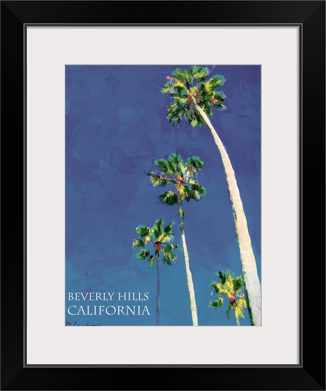 Beverly Hills, California. Painting by RD Riccoboni.  Blue sky and towering palm trees line the famous streets of Southern...