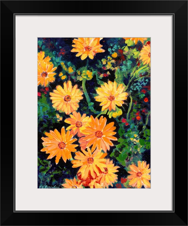 Golden Chrysanthemums painting by RD Riccoboni. Gold yellows greens and bues highlight this floral painting.