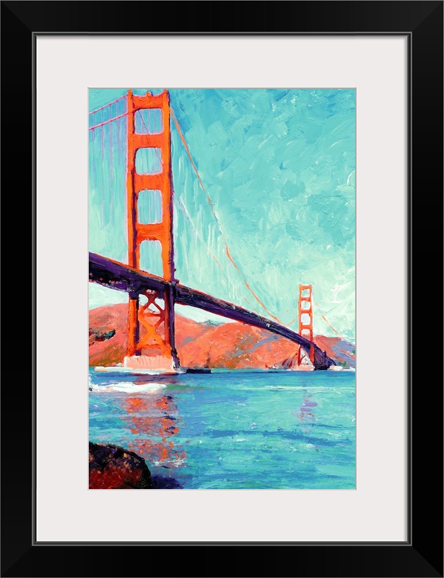 Painting of the Golden Gate Bridge over the San Francisco Bay.