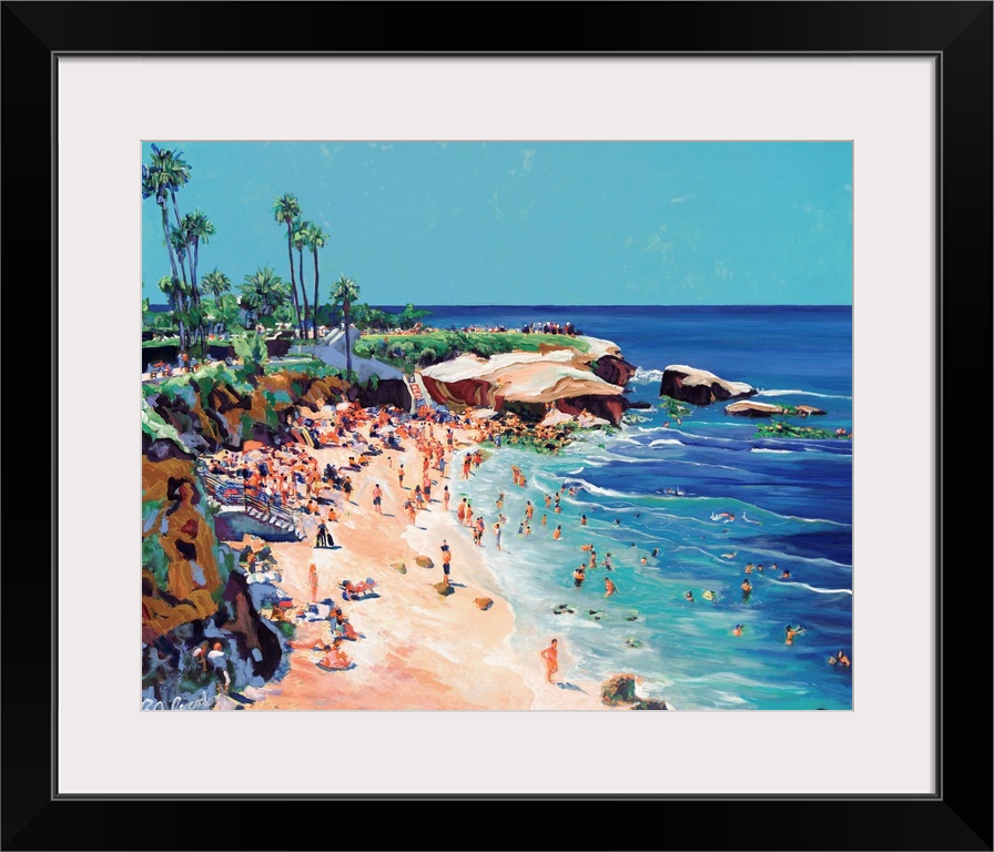 Painting of swimmers, surfers, snorkeling, and sun bathing at the world famous park and beach in La Jolla, San Diego.