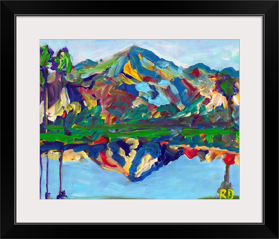 Palm Springs San Jacinto Reflection, abstract desert landscape painting by RD Riccoboni. Blues, greens, reds and yellows i...