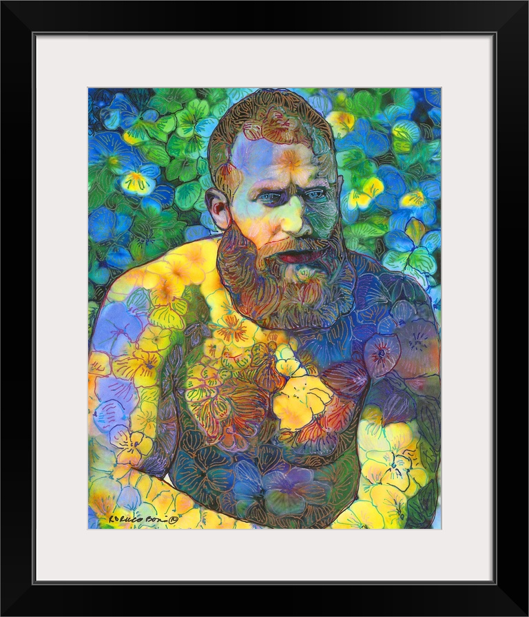 Portrait of a shirtless man with a beard covered in florals in the style of Vincent Van Gogh.