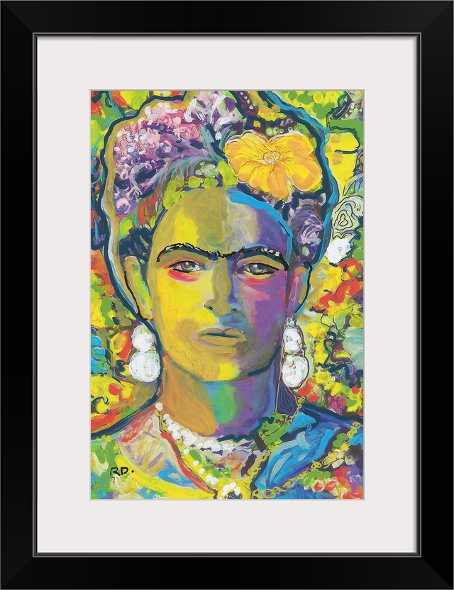 Yellow Frida by RD Riccoboni, painted in gold and yellow tones with red blue green purple and orange