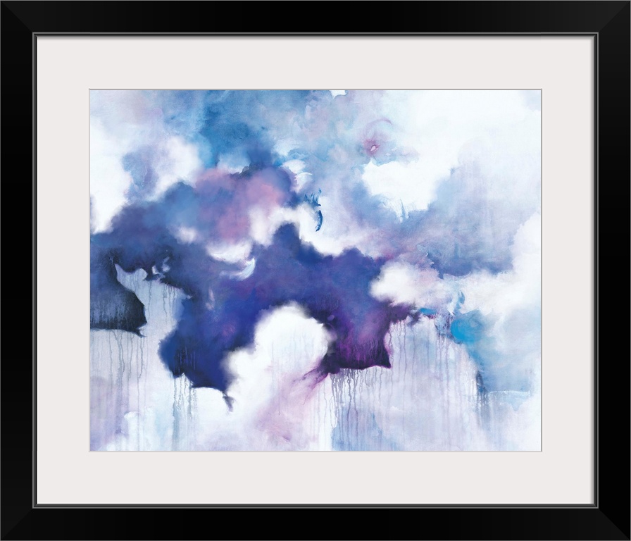Abstract contemporary painting in blue and purple tones, resembling a cloudy sky.