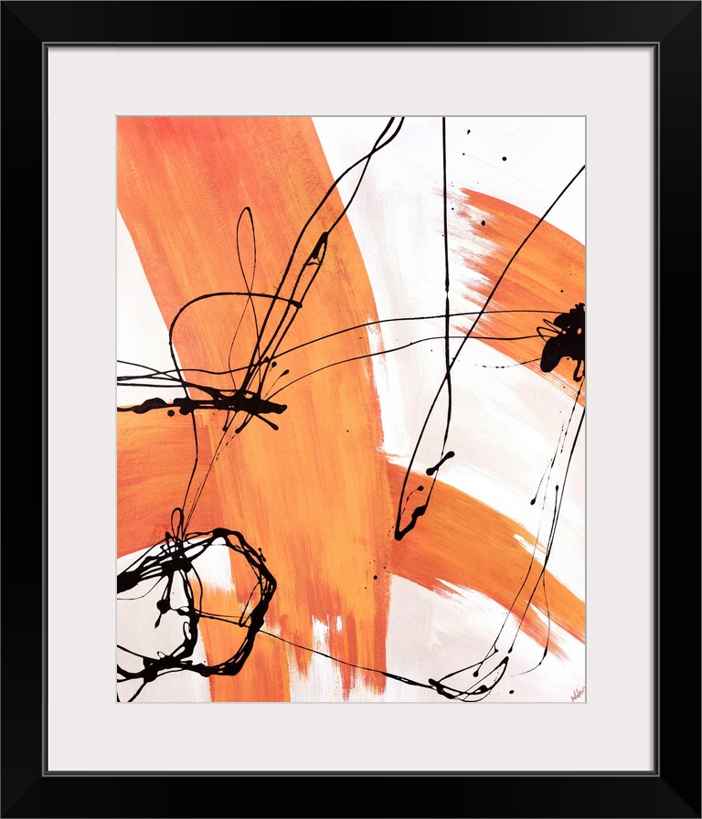 Abstract modern art featuring colored thick and thin line streaks on a neutral background.