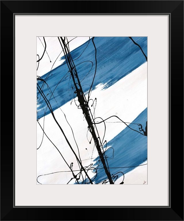 Contemporary abstract painting of wide brush stokes of color overlain with scribbles of ink.