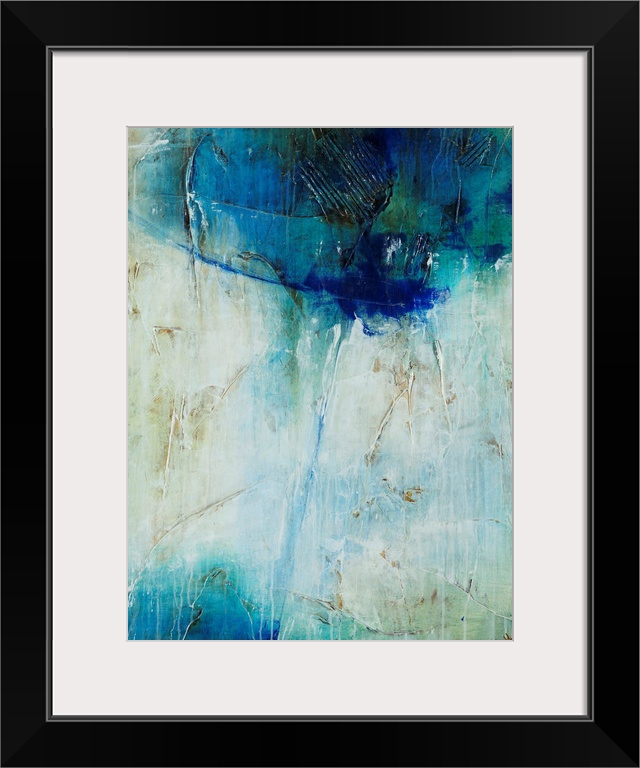 Abstract art of a large mass of cool colors at the top, with a single line of blue that leads downward toward a smaller ma...