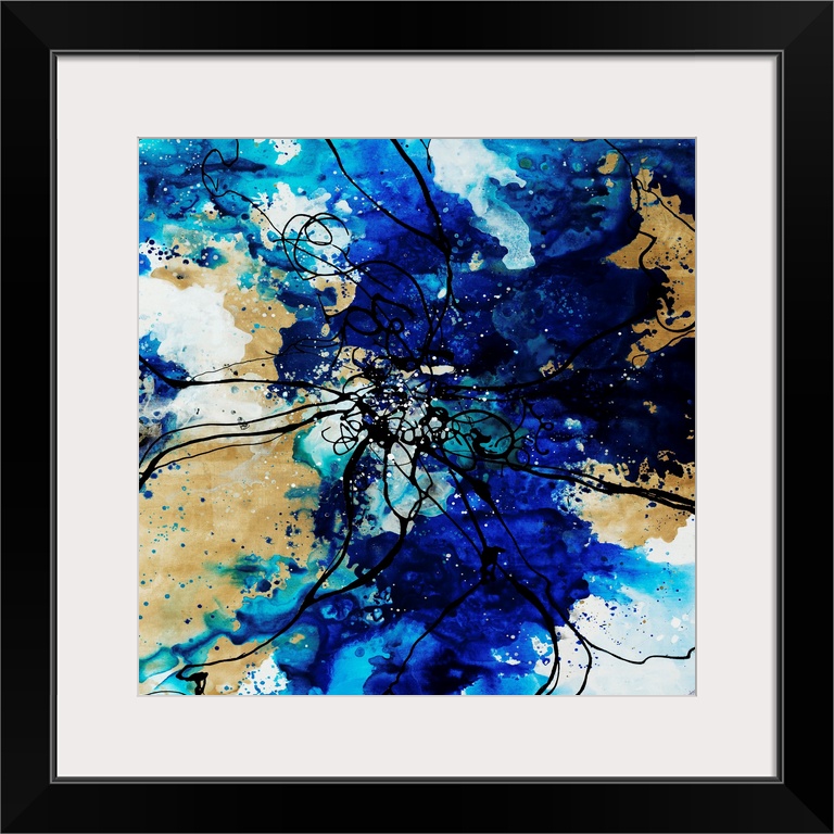 Outline of flower over a watercolor background painting in various shades of blue.