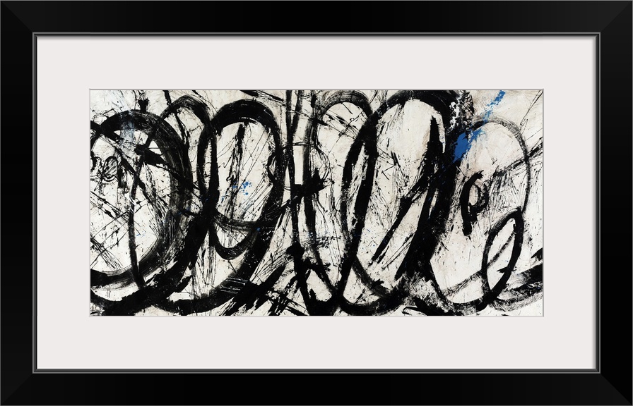 An abstract piece of artwork that has swirls of black paint throughout the panoramic print.