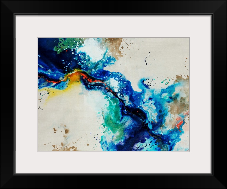 Abstract painting of a fluid blue line over a neutral background adorned with multi-color paint splatters.
