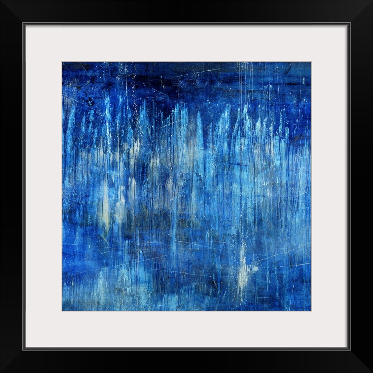 Big, landscape, abstract painting in blue tones of light vertical streaks in transitioning blue tones on a darker backgrou...