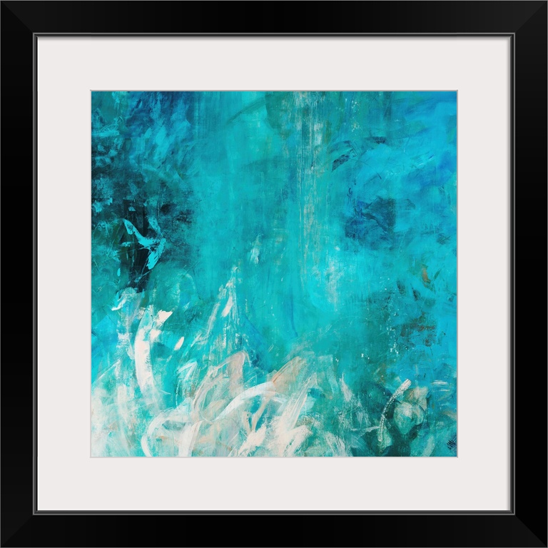 Contemporary abstract painting with cool colored brush strokes varying in length and direction.