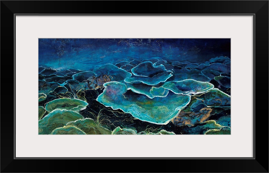 Contemporary underwater scene done in vibrant blue and green shades.