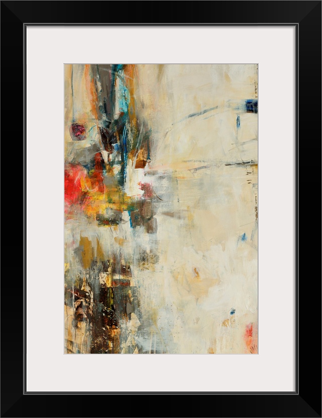 Vertical, large artwork for a living room or office of small patches of numerous colors that appear to be showing through ...
