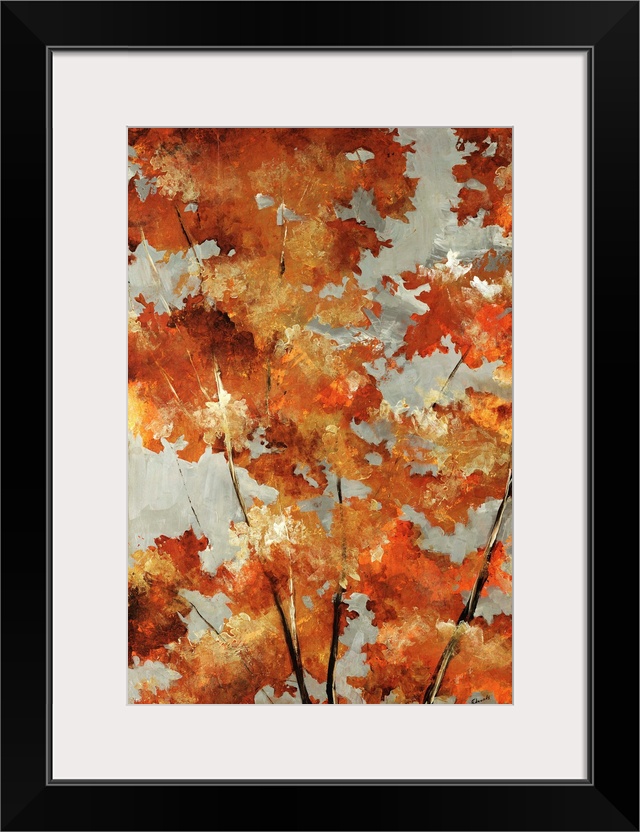 Painting of autumn leaves in varying fall shades from metallic gold to bright orange to burnt sienna.