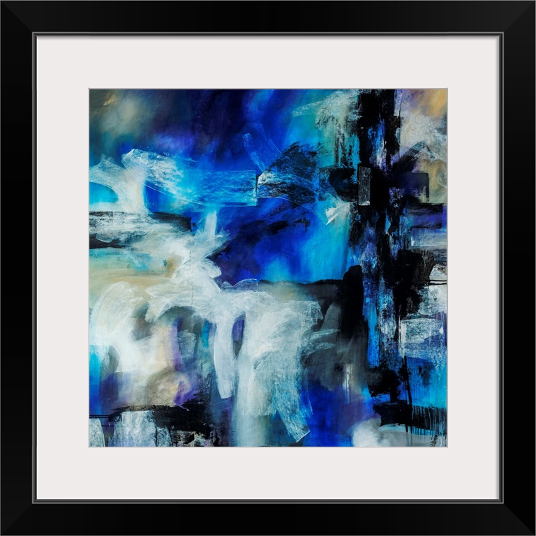 Abstract artwork painted with bright blue tones underneath thick black and white brushstrokes.