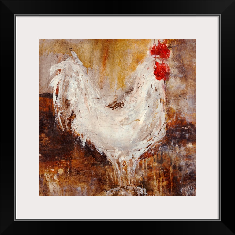 Contemporary painting of chicken up close against a dark background. The image is created using sloppy brush strokes with ...