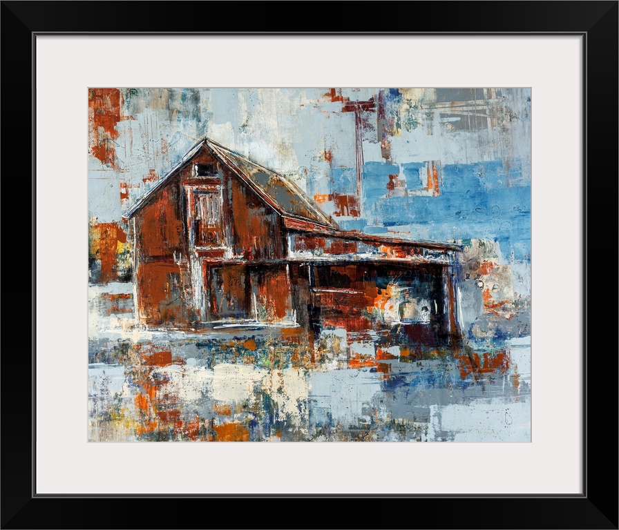 Abstracted artwork of a barn painted with rust colored browns that contrast beautifully with cool blue and gray tones.