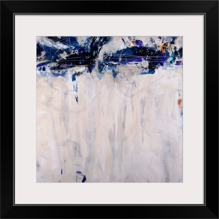 This artwork is a square gicloe print of an abstract painting with dark shapes decorating the top of a lightly textured pr...