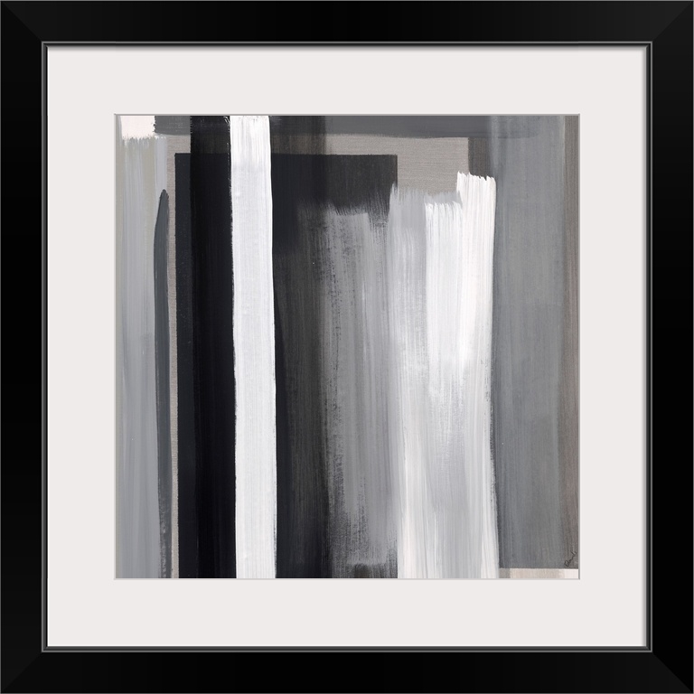 Abstract artwork of layered color blocks in white and black.