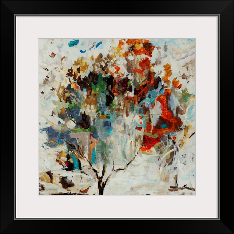 Contemporary painting of a single tree with vibrant leaves and branches, on a background filled with multicolored patches ...