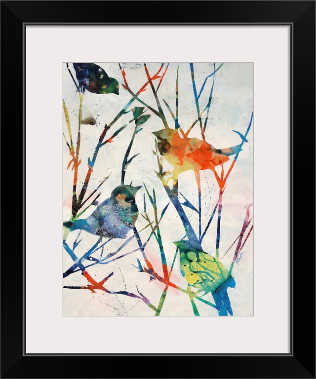 Contemporary art of four multicolored birds perched on bare tree branches that are vibrantly colored also.