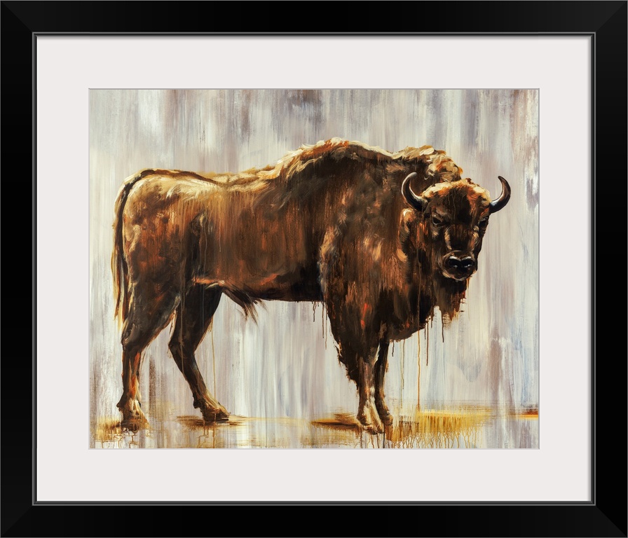 Contemporary portrait of a bison in front of a gray-streaked background.