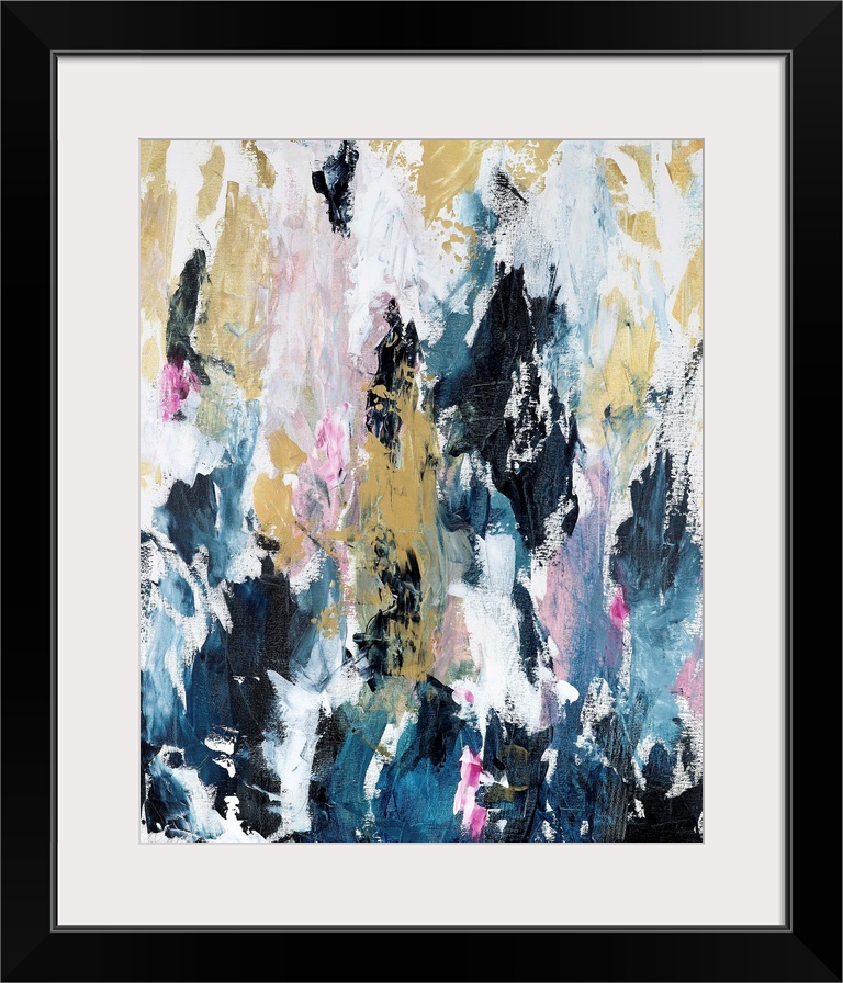 Vertical complementary abstract in short, textured, vertical strokes of blue, pink and gold.