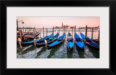 Blue Gondolas in a Row at Sunset, Venice, Italy, Europe