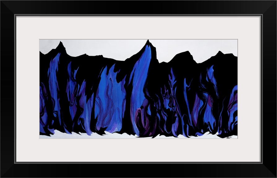 Abstract artwork painting of rhythmic folds done in rich blue tones.