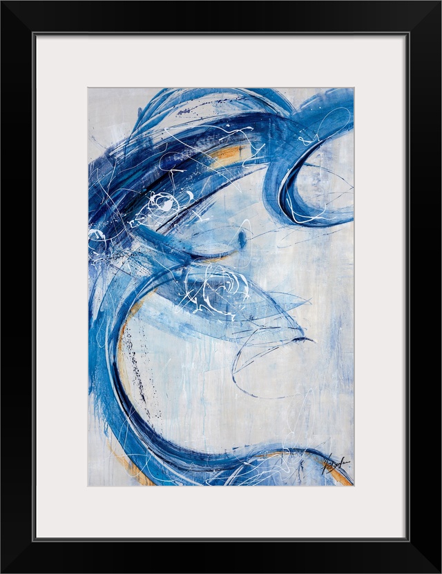 Contemporary painting of energetic blue brushstrokes that sweep over this vertical composition and its light gray background.