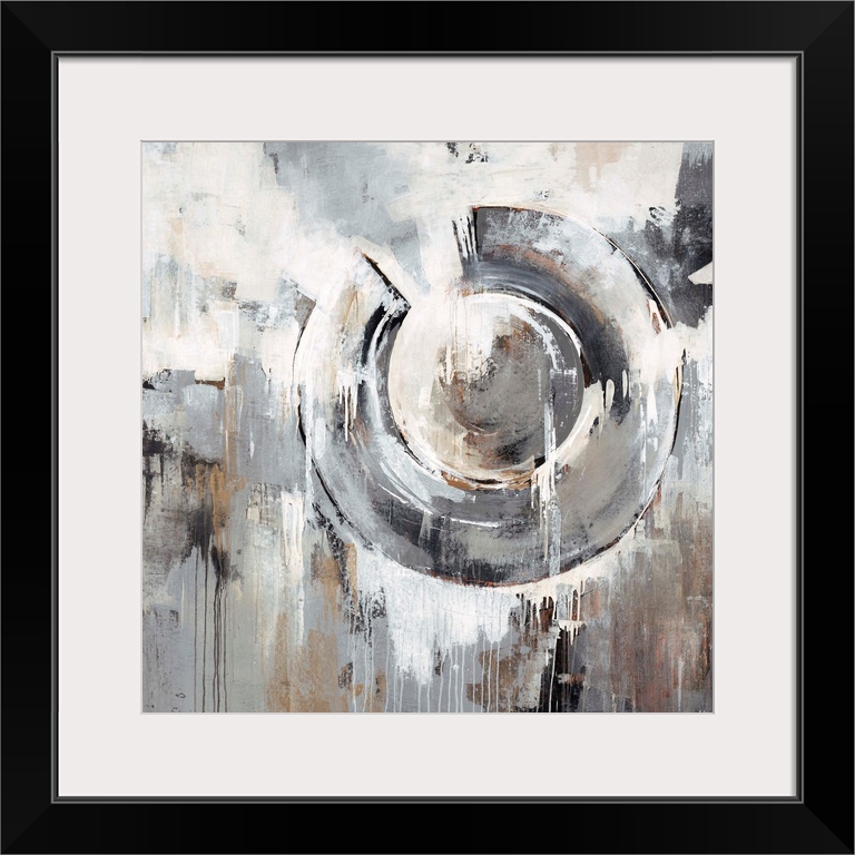 Abstract painting in neutral and earth tones of a large circular shape surrounded by dripping patches of contrasting colors.