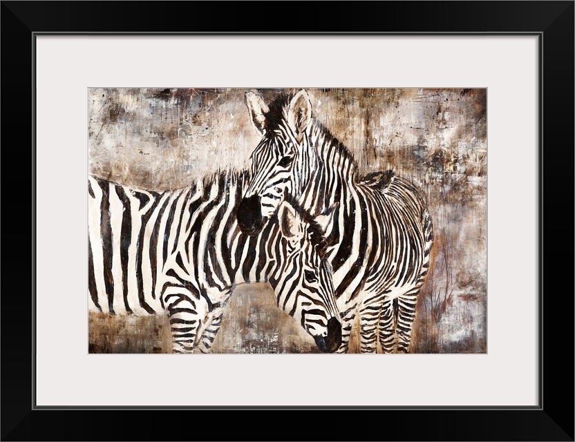 Contemporary portrait of two zebras embracing in front of an earth-toned background.