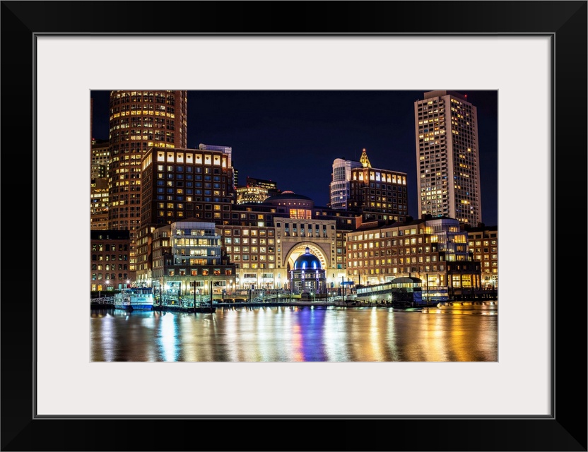 View of Boston city skyscrapers and the Marina at Rowes Wharf.