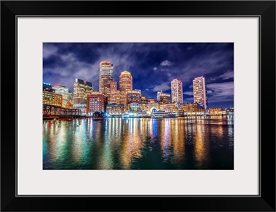 Boston Skyline At Night With Reflecting Lights