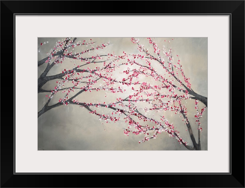 Contemporary painting of blossom covered tree branches on the right and left of the image, that appear to reach toward eac...