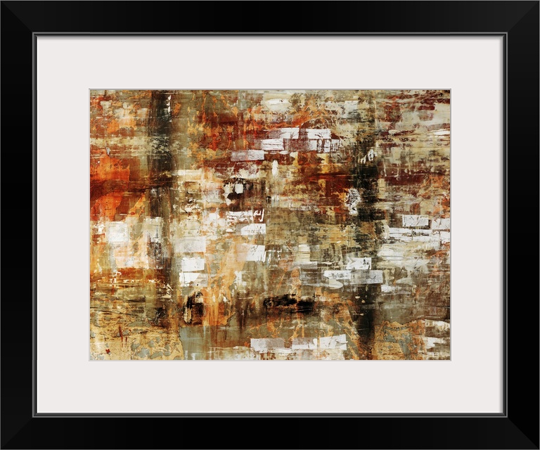 Grungy abstract painting of various earth toned colors on canvas.