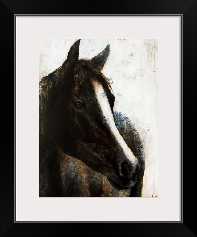 Contemporary painting of a black horse with a bold white stripe from it's forehead down to it's nose.