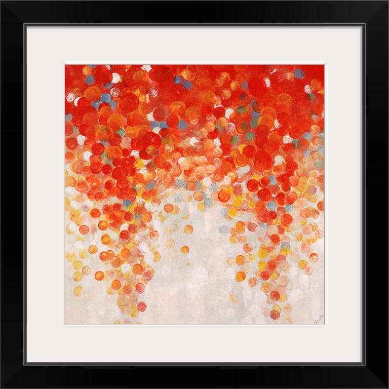 Abstract painting of a large cluster of gumballs in warm tones that appear to be raining downward, on a light neutral back...