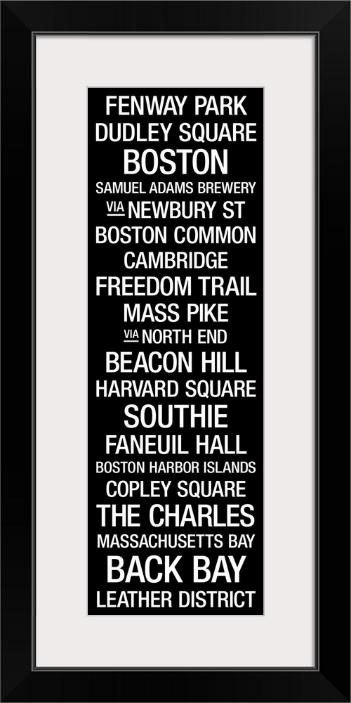 Vertical, typographic artwork listing landmarks and popular places in this New England metropolis.