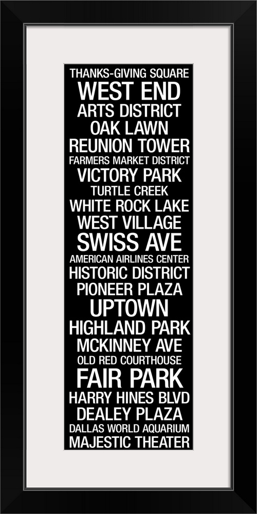 Vertical panoramic typographic design with text describing iconic landmarks in Dallas.  Such words include Reunion Tower, ...