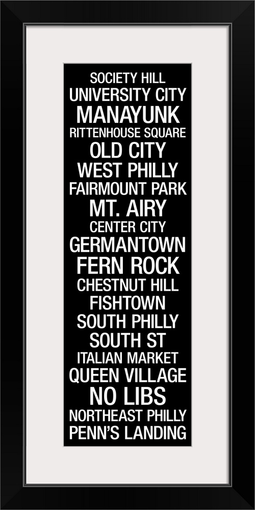Vertical panoramic artwork of typographic design that includes landmarks of a popular east coast city, such as Mt. Air, Pe...