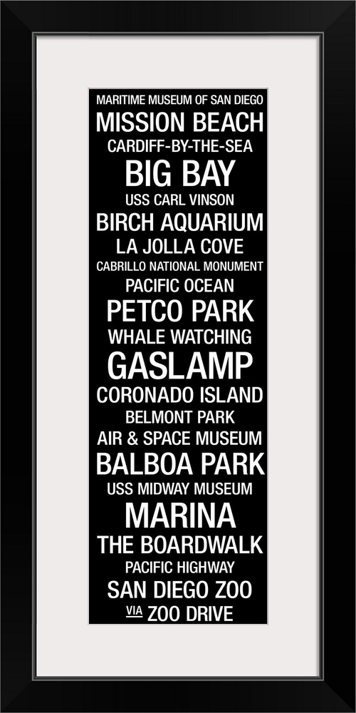 Vertical panoramic artwork of typographic design that includes landmarks of popular west coast city.