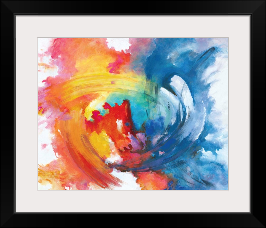 Contemporary abstract painting in vivid rainbow colors, swirling in the center.