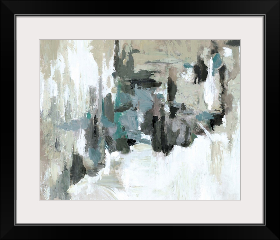 Contemporary abstract artwork in muted blue and brown tones, resembling a moody sky.