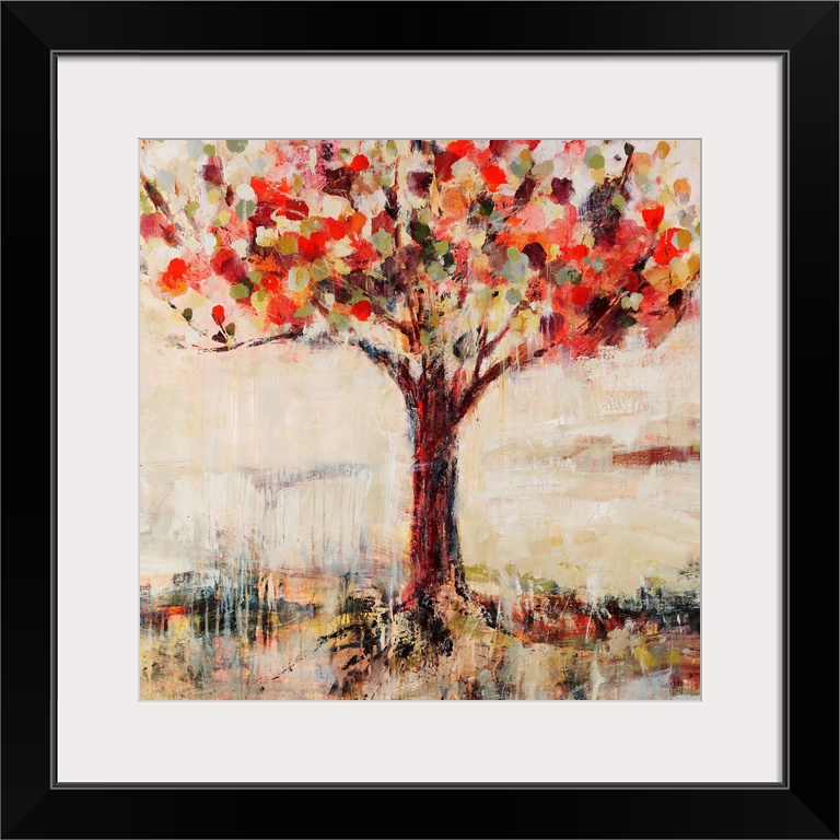 Abstract landscape painting feature a tree done in vibrant, candy-like colors.