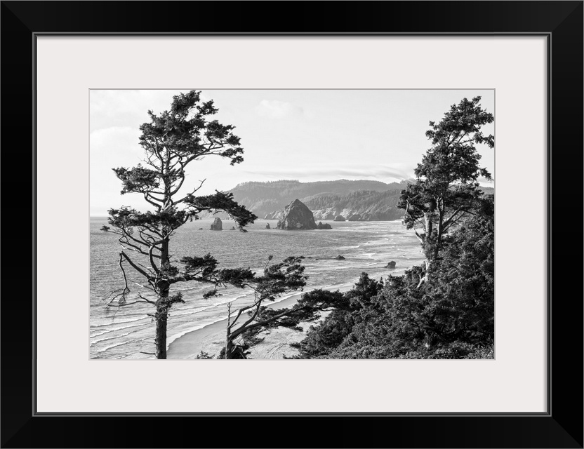 Black and white landscape photograph of Cannon Beach through the trees with Haystack Rock in the distance, Oregon Coast