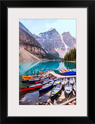 Canoes At Moraine Lake, Banff National Park, Alberta, Canada