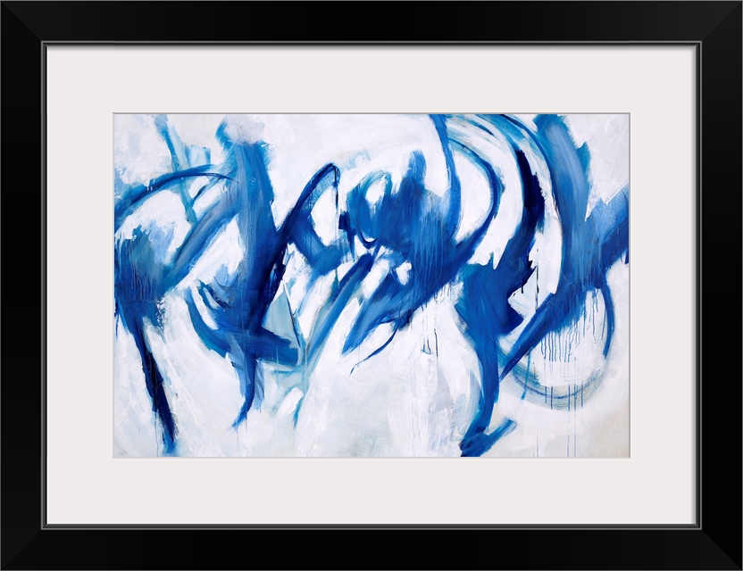 Abstract painting of royal blue paint splashes and swipes as if to give the appearance of figures dancing.